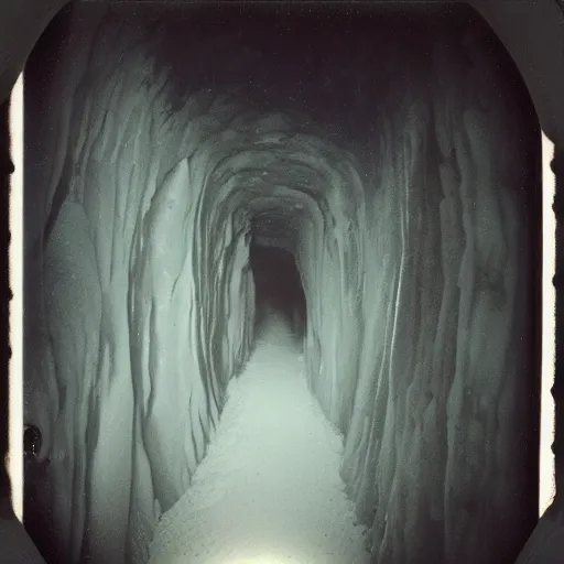 Image similar to a dark glacier cave wit a low ceiling, icicles, deep, dark, creepy, eerie, unsettling, terrifying, old polaroid, expired film, deep,