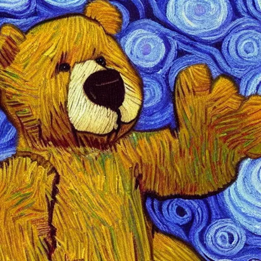 Image similar to A teddy bear in the style of Vincent van Gogh