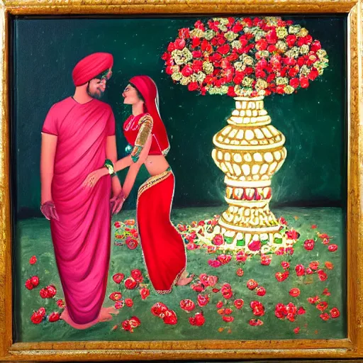 Prompt: An oil painting of a beautiful couple embracing each other on a bed of roses as the moon and small candles around them light up everything. The man is wearing a white punjabi. The woman is wearing a red saree.