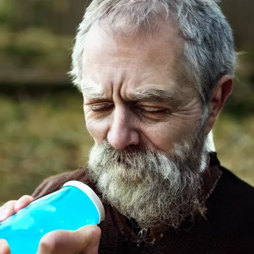 Image similar to face of a frustrated wizard drinking water