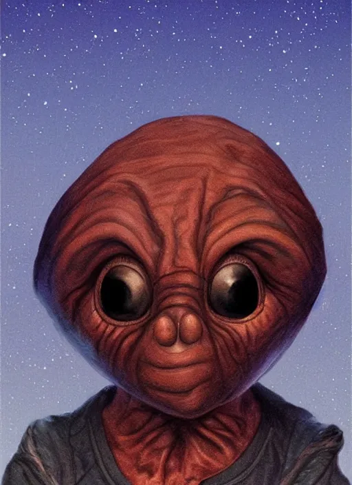 Image similar to portrait of E.T. (1982), highly detailed, centered, solid color background, digital painting, artstation, concept art, smooth, sharp focus, illustration, drew struzan, John Alvin