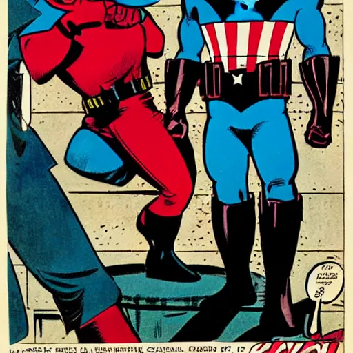 Prompt: Captain America is arresting Batman, silver age of comics, Jack kirby illustration, comicbook pane