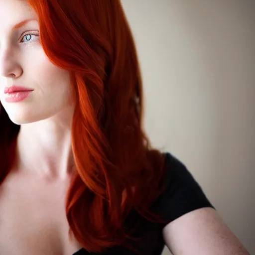 Prompt: very beautiful redhead woman looking back over her shoulder, eye contact