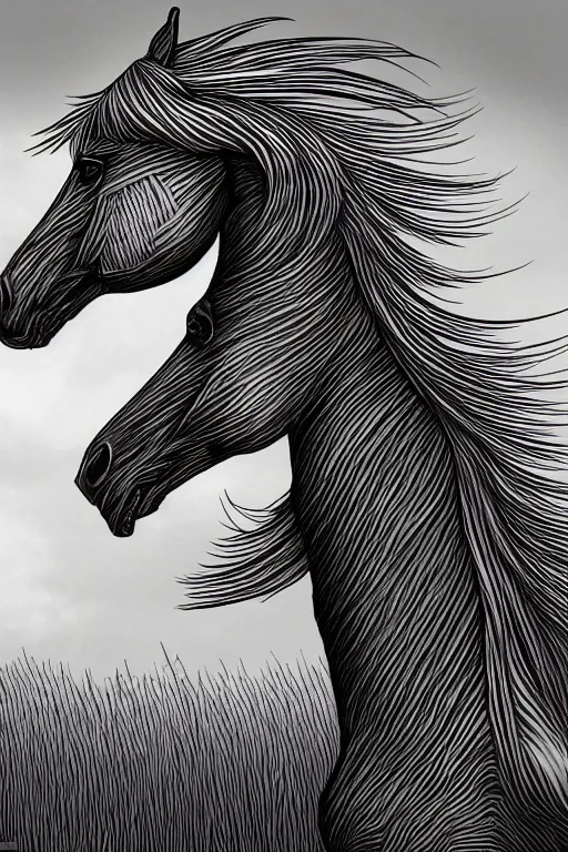 Prompt: horse in a field, symmetrical, highly detailed, digital art, sharp focus, trending on art station, kentaro miura manga art style