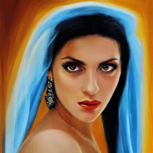 Prompt: young Monica Belluci as an Arab woman, tanned skintone, bright blue eyes, white transparent veil, glare face, light blue dress portrait, painting