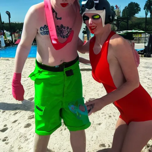 Prompt: marilyn manson working as a lifeguard at the waterpark