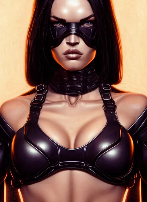 Image similar to symmetry!! gantz portrait of megan fox thanks wearing a plague mask, unholy, intricate, highly detailed, dynamic lighting, digital art, digital painting, artstation, terence nielsen, sharp focus, illustration, art by artgerm and greg rutkowski and moebius, 8 k