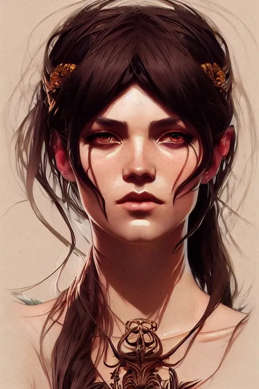 Image similar to a very beautiful savage girl, forest, fantasy, portrait, sharp focus, intricate, elegant, digital painting, artstation, matte, highly detailed, concept art, illustration, ambient lighting, art by ilya kuvshinov, artgerm, alphonse mucha, and greg rutkowski