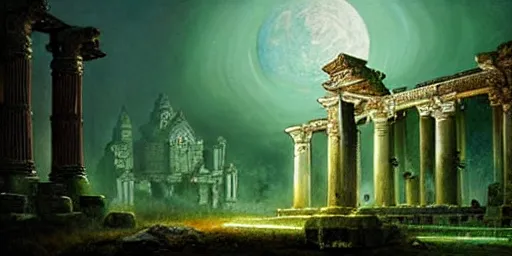 Image similar to beautiful hyperrealistic epic painting of the mysterious intricate clockwork ruins of an ancient temple with advanced alien technology under the moonlight, a green glowing crystal is inside the temple, by hubert robert and lee madwick and bastien lecouffe deharme, dramatic lighting