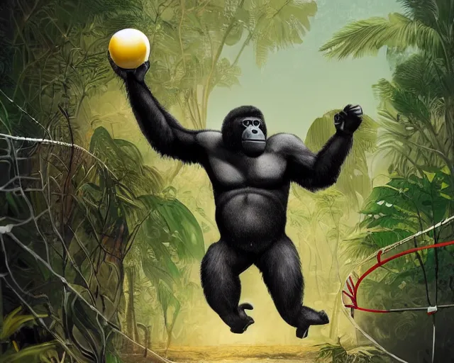 Image similar to a gorilla holding a volleyball and playing volleyball in a jungle, volleyball net, digital illustration, inspired by greg rutkowski and artgerm, high detail