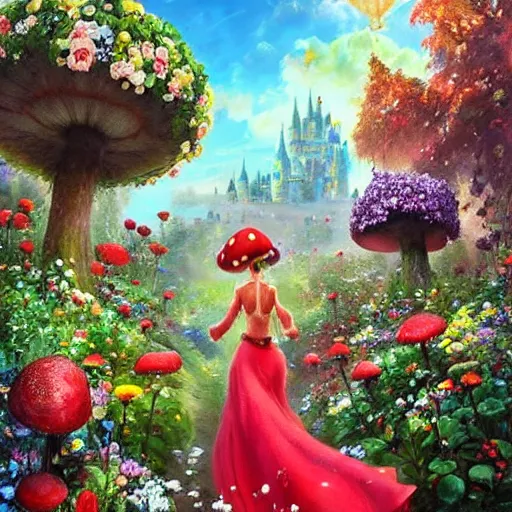 Image similar to portrait of Mario, walking through a garden of exotic flowers in the Mushroom Kingdom, giant red and white spotted mushrooms, and roses, from behind, Castle in distance, birds in the sky, sunlight and rays of light shining through trees, beautiful, solarpunk!!!, highly detailed, digital painting by Michael Garmash and Peter Mohrbacher