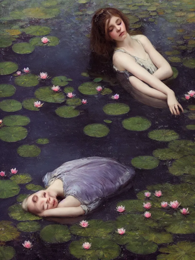 Image similar to detailed cinematic moody colors studio portrait of a victorian young lady sleeping in a victorian pond, water lilies, ofelia inspired high quality by jeremy mann, only one head single portrait