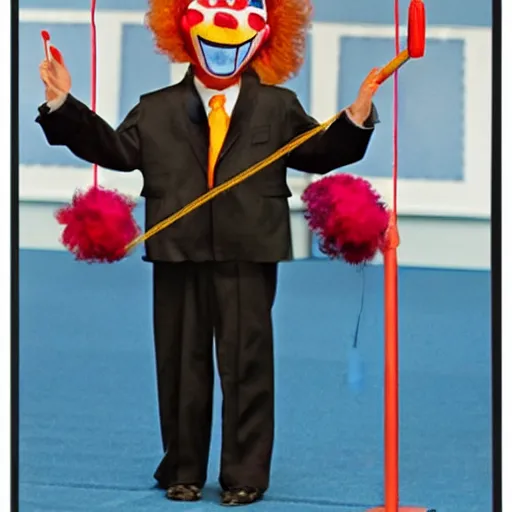 Image similar to string puppet of a president with clown makeup in a podium and a human shadow behind