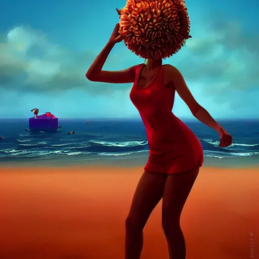 Image similar to portrait, giant rose flower head, girl dancing at the beach, surreal photography, sunrise, blue sky, dramatic light, impressionist painting, digital painting, artstation, simon stalenhag