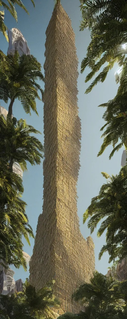 Image similar to solarpunk style, eye level view of a contemporary tower, golden intricate details, stone facade, sacred architecture, hanging gardens, cascading highrise, arid mountains with lush palm forest, photorealistic, sunlight, 8 k, post - production, octane, cgi, sfx