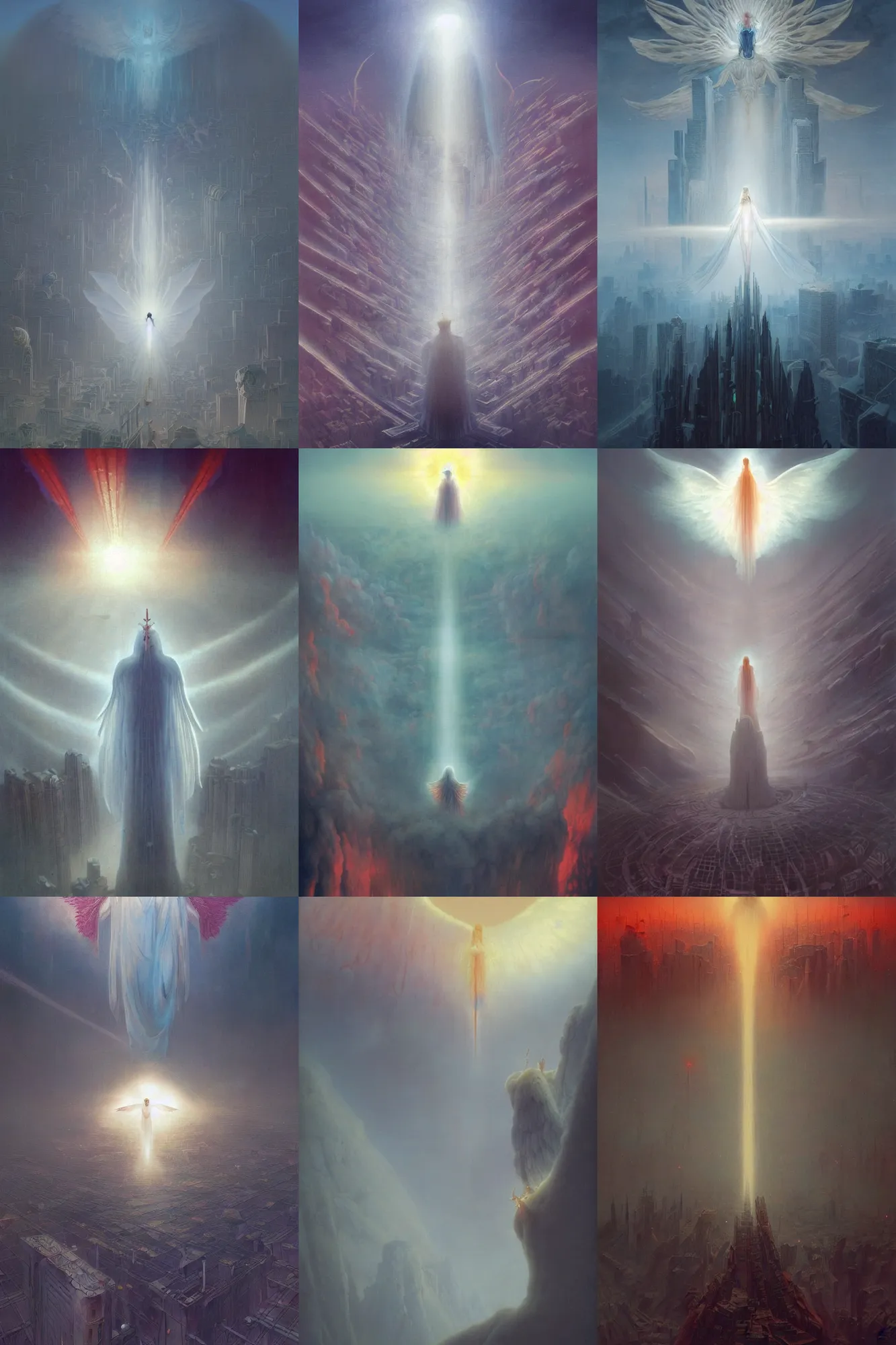 Prompt: giant white glowing angel rising above foggy city by wayne barlowe, wes anderson, roger dean, mikalojus konstantinas ciurlionis and wadim kashin, rich moody colours, 9 0 - s anime, ethereal, lo - fi retro videogame