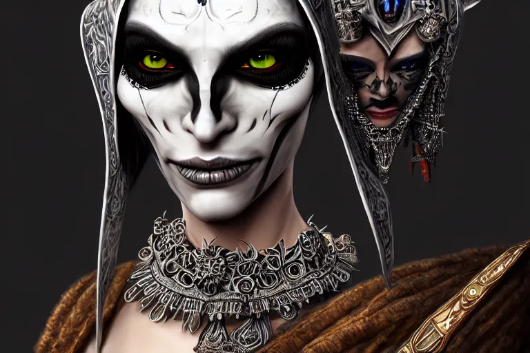 Image similar to a full portrait of a beautiful woman wearing, wearing extremely detailed attire, slim complexity, extremely detailed white eyes, medievil, dnd, extremely detailed, high quality, trending on artstation, photo realistic