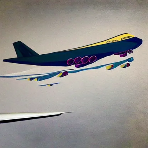 Image similar to a painting of a boeing 7 4 7 jumbo jet, painted in the style of davinci