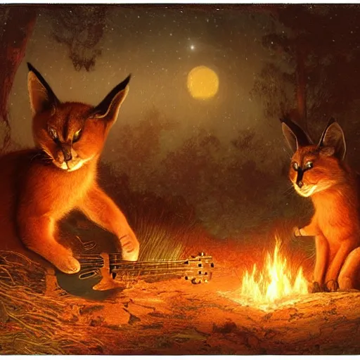 Prompt: three cute caracals wearing red ties with guitar, campfire, night, atmospheric lighting, intricate, volumetric lighting, digital art, highly detailed by gaston bussiere, craig mullins, j. c. leyendecker 8 k