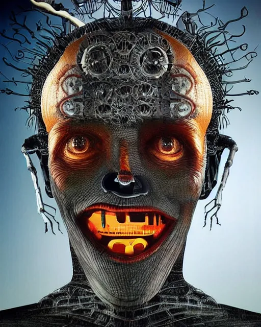 Image similar to halloween robot theme surrealist art in the styles of igor morski, jim warren, and a tim burton film, intricate, hyperrealistic, accurate facial details, profile picture with chromakey!!!!! background, volumetric lighting