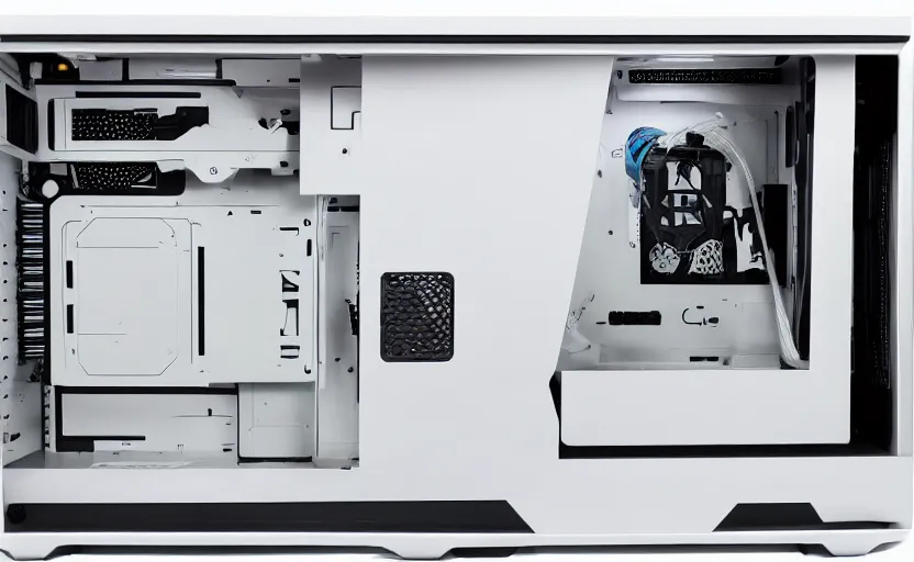 Image similar to futuristic gaming pc with white lighting and a white case, hd photograph, highly detailed, intricate