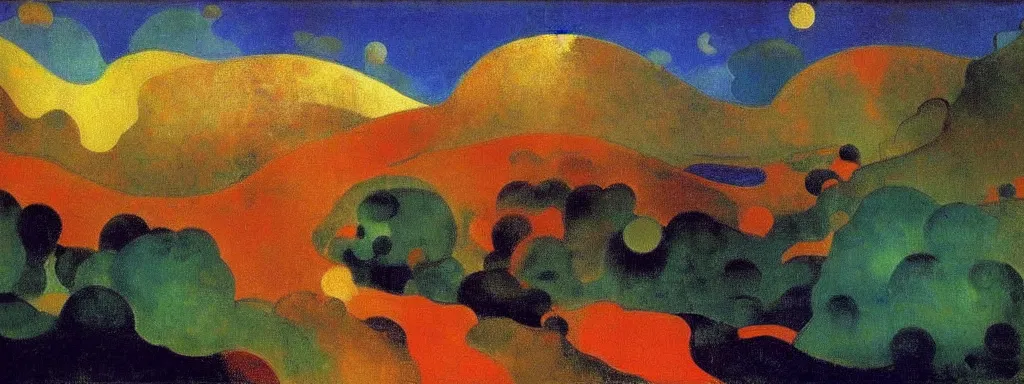 Image similar to An insane, modernist landscape painting. Wild energy patterns rippling in all directions. Curves, organic, zig-zags. Mountains, clouds. Rushing water. Waves. Psychedelic dream world. Ethereal. Odilon Redon. Andre Derain.