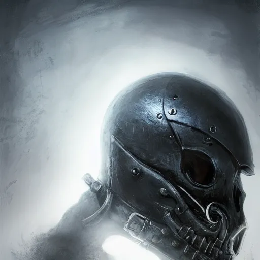 Image similar to crow skull knight helmet, headshot, closeup, grimdark, fantasy, trench crusade, terrifying, dark, fog, atmospheric cold lighting, dark souls, hyperrealistic, art by sparth