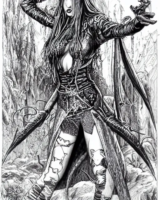 Prompt: pen and ink drawing of a beautiful female vampire, fighting fantasy style image, by steve jackson and ian livingstone, highly detailed