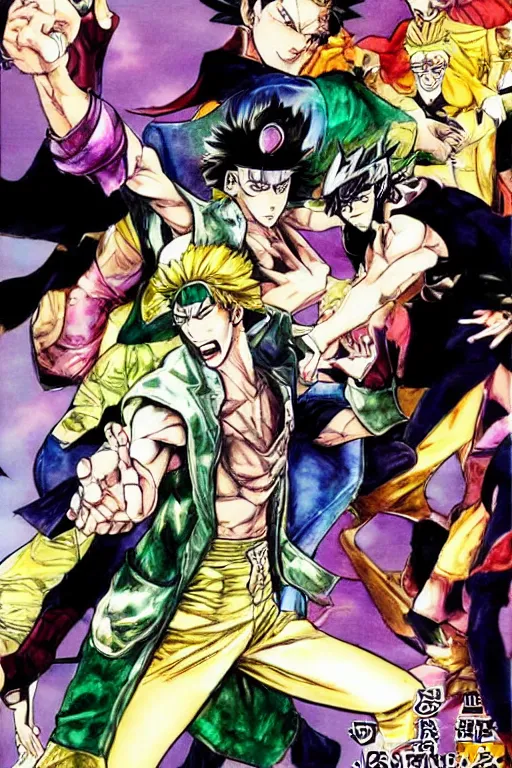 Prompt: manga cover of two characters fighting as a shounen jump cover, jojo's bizarre adventure, jotaro vs dio, art by hirohiko araki, japanese comic book, art by keisuke itagaki, modern fashion outfit, dynamic poses, action poses, muscular characters, watercolor