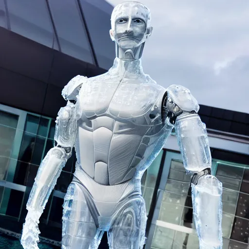 Image similar to made of ice, a realistic detailed photo of a guy who is an attractive humanoid who is half robot and half humanoid, who is a male android, on display, blank stare, showing off his muscles, shiny skin, posing like a statue, by the pool, frozen ice statue, twitch streamer / gamer ludwig, humanoid robot