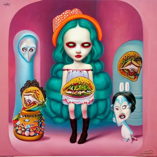 Prompt: taco girl. outsider art by mark ryden.