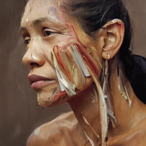 Image similar to high quality high detail painting by jenny saville, hd, a skinny beautiful indigenous woman tribe leader, hair in wind, photorealistic lighting