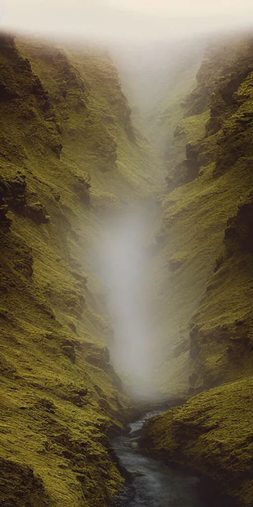 Image similar to dream looking through a hyper realistic photograph of a fertile lush canyon, minimal structure, misty, raining, icelandic valley, small stream, in the style of reuben wu, roger deakins