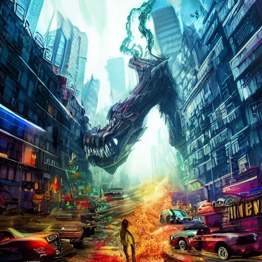 Image similar to destructive giant monsters in the city, photorealistic, highly detailed, sharp focus, vivid, colorful, symmetrical, random, convoluted, mind - blowing, creative, fully functional, end of the world, physics defying, amazing, cool