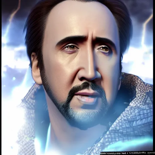 Image similar to Nicolas Cage JRPG FFX cinema 4d render, Ray tracing reflection, natural lighting, award winning photography