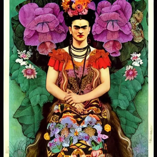 Image similar to frida kahlo dressed like an aztec empress surrounded by flowers, poster by alphons mucha