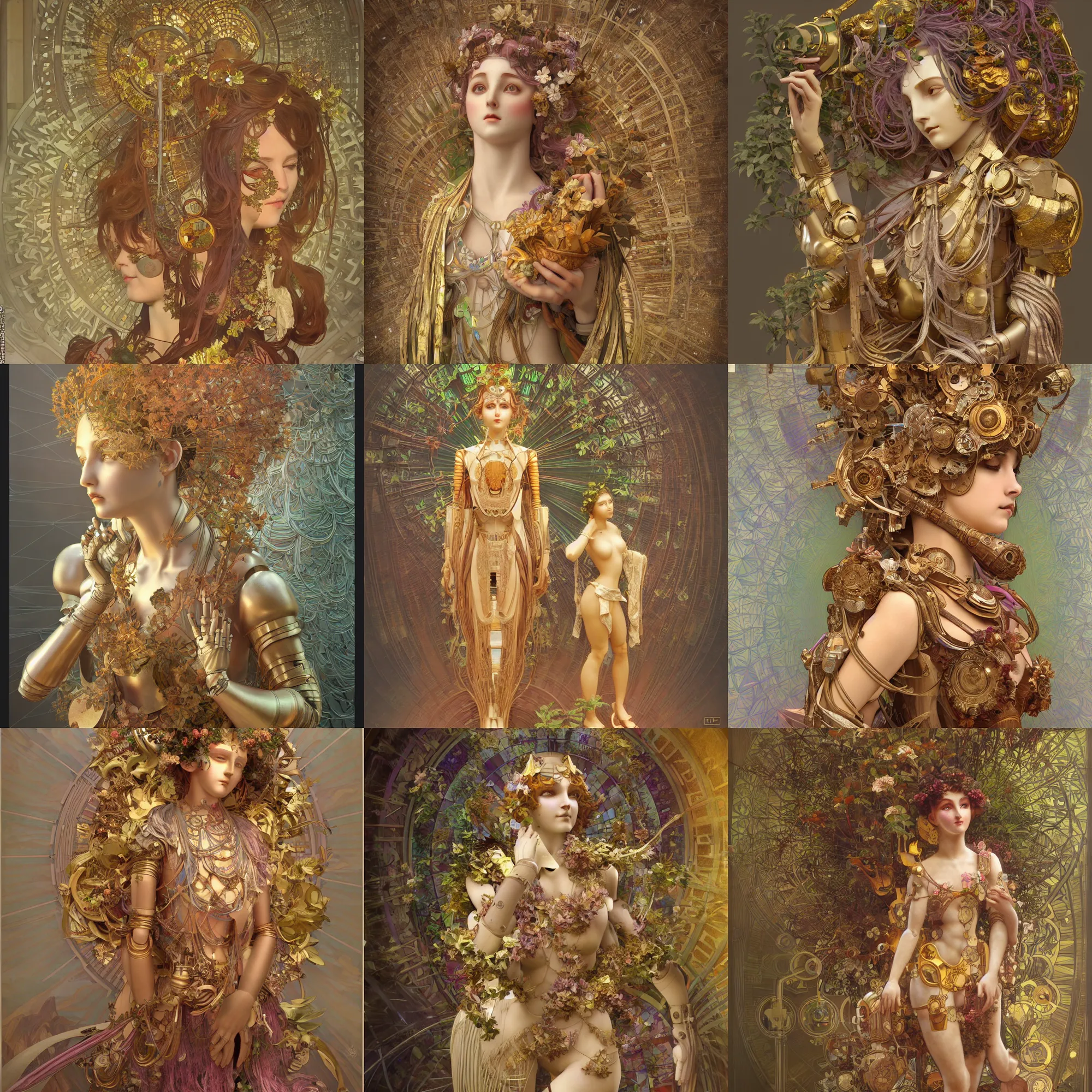 Prompt: 3 d octane render ultra photorealistic 8 k hyper detailed, a very very cute wooden mystical statue robot of the roman godess vegetal in a contemporary art gallery in neo tokyo artwork by alphonse mucha