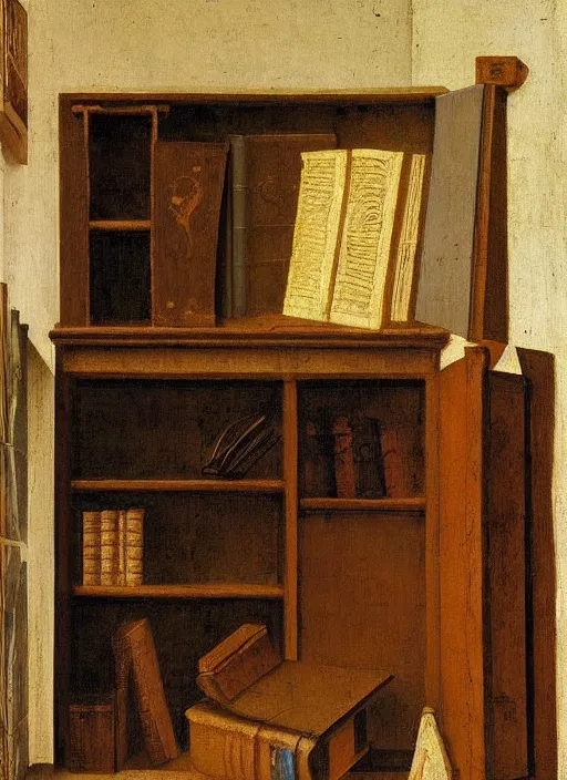 Image similar to bookshelf with books and children toys, medieval painting by jan van eyck, johannes vermeer, florence