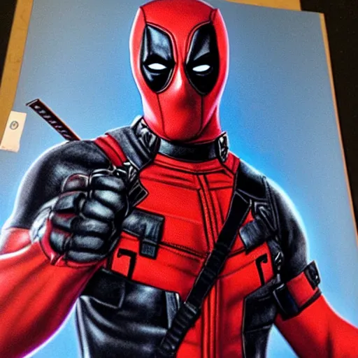 Image similar to photo of a photo pf a photo of deadpool by Justin Gerard