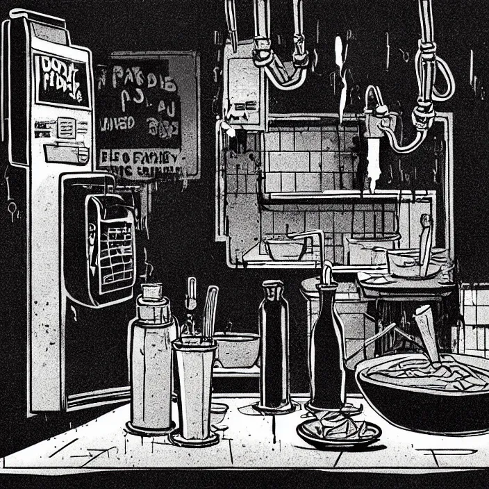 Prompt: close - up on poor quality food, water, and gruel : on a table. background : empty minimalist interior of a dirty automated kiosk, black tiles on walls. black and white, pencil and ink. by gabriel hardman, joe alves, chris bonura. cinematic atmosphere, detailed and intricate, perfect anatomy
