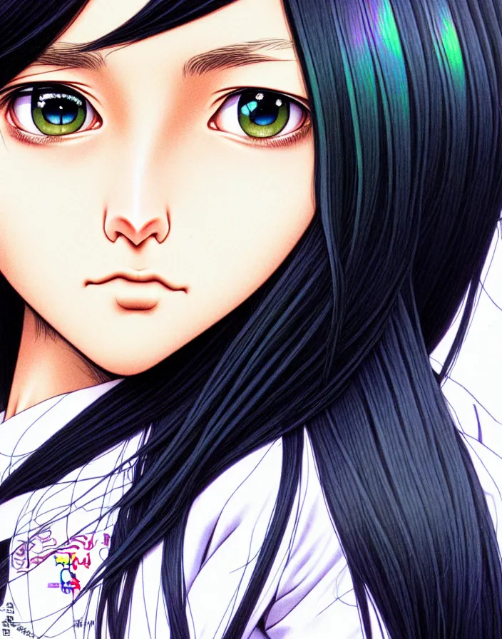 Prompt: extremely detailed color ink pen  illustration depicting an extreme close up face of a dainty young truant android female stoner prep highschool school student with medium length silky straight iridescent black hair and lightly suntanned skin, illustrated by Artgerm and Range Murata.