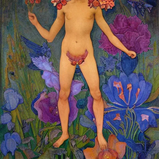 Image similar to the flower prince, by Annie Swynnerton and Nicholas Roerich and Diego Rivera, bioluminescent skin, floral tattoos, wings made out of flowers, elaborate costume, geometric ornament, symbolist, smooth, sharp focus, extremely detailed