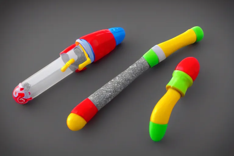 Image similar to product photo of toy crack pipe made by fisher price, colorful plastic, high quality, intricate detail, realistic textures, octane render, unreal engine 5, hyperrealism