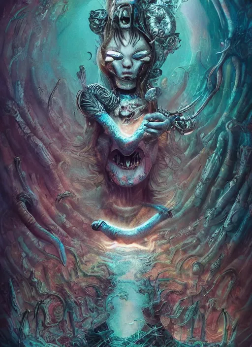 Prompt: alice in wonderland, viking god, alien, highly detailed, cinematic, 8 k, by megan duncanson, benjamin lacombe, adrian borda, stanley artgermm, tom bagshaw, craig mullins, carne griffiths, ayami kojima, beksinski, giger, trending on deviantart, hyper detailed, horror, full of colour