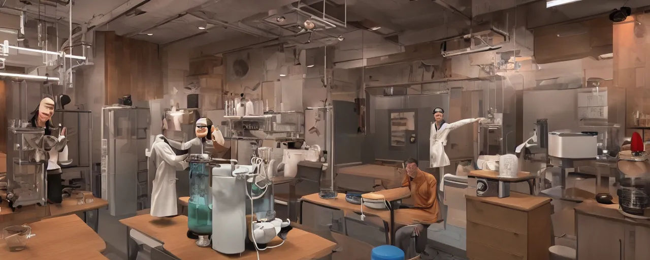 Prompt: a hyper complex drip coffee maker in the 1 9 7 0 s era kitchen, a coffee scientist dressed in a lab coat taste testing the coffee hownosm and james jean, ultimate collab, epic, unreal engine 5, coming to life popping out of the wall 3 d, h 6 4 0