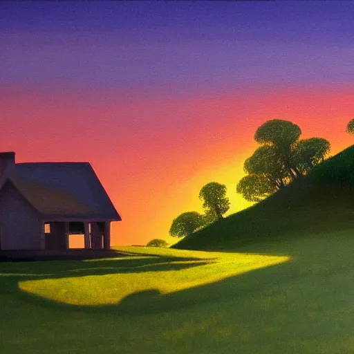 Image similar to a painting of a house on top of a hill with a sunset in the style of Maxfield Parrish