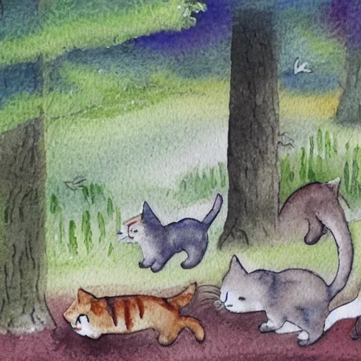 Prompt: tiny watercolour cats wandering through a forest into the distance illustration