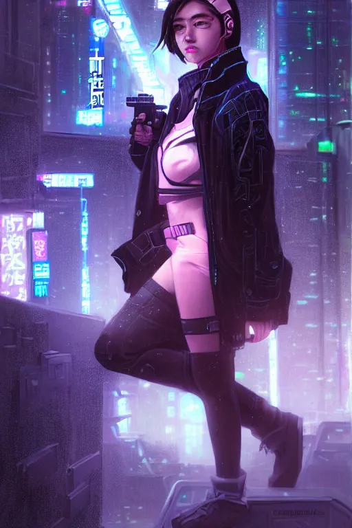 Prompt: portrait futuristic trustworthy cyberpunk young female Gunslinger, in futuristic stormy heavy snowy tokyo rooftop cyberpunk night, ssci-fi, fantasy, intricate, very very beautiful, elegant, neon light, highly detailed, digital painting, concept art, human anatomy, soft light, hdri, smooth, sharp focus, illustration, art by tian zi and craig mullins and WLOP and alphonse mucha