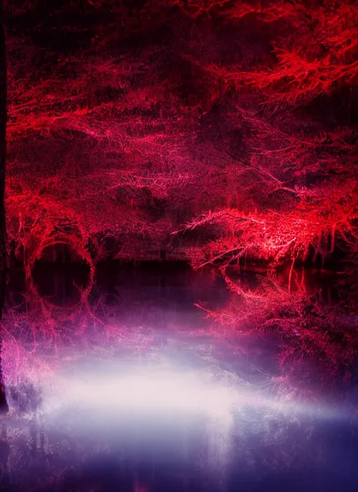 Prompt: photography at night of an ethereal red pond, a central sunlight glare, mystical lights, cyber futuristic lights in the sky, masterpiece, epic, cinematic, hyperealistic photo, high detailed, flashlight at night