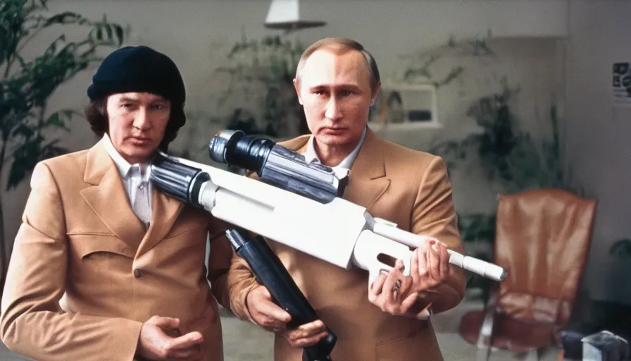 Prompt: 7 0 s movie still of putin in teleshopping show, proudly holding a bazooka. cinestill 8 0 0 t _ 3 5 mm eastmancolor, heavy grain, high quality, high detail